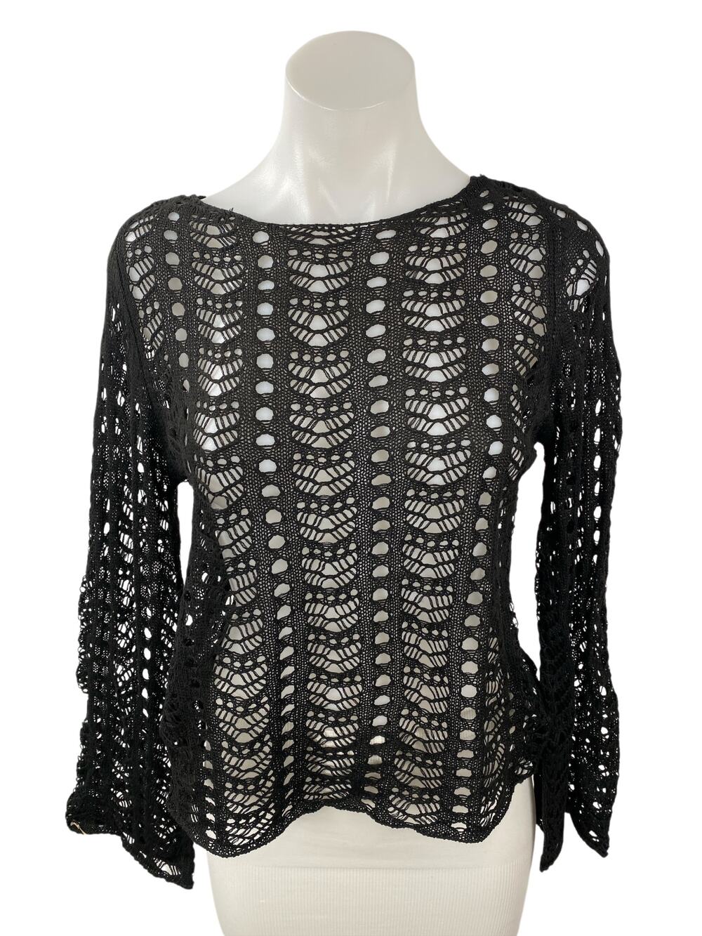 Daisy Street Women's Black Open Knit Crochet Long Sleeve Sweater Blouse Top Sz M